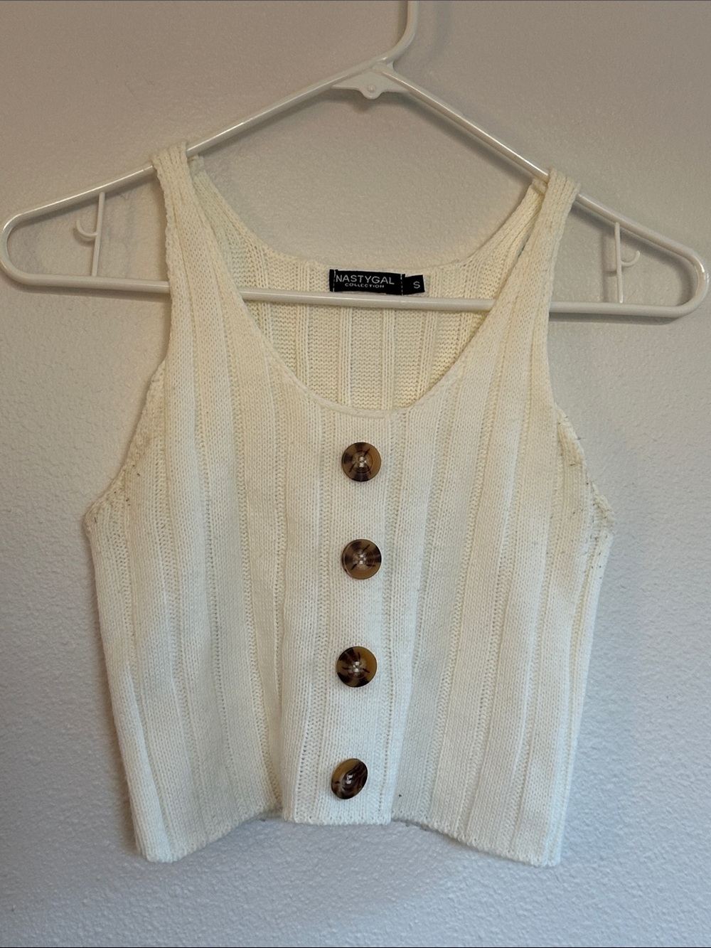 Nasty Gal Cream Ribbed Button Crop Tank and Pant Set